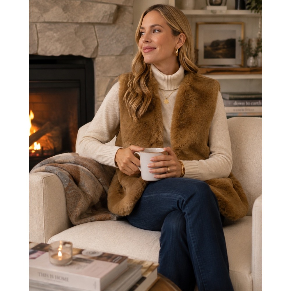 Molly Bracken Womens Faux Fur Vest Small Camel Brown Open Front Layering Piece